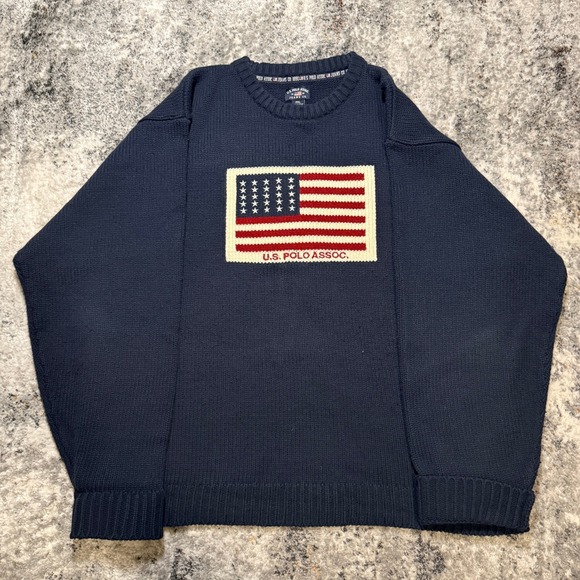 US Polo Assn Mens 2XL Navy Blue American Flag Knit Crewneck Sweater Wool Blend